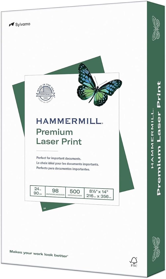 Hammermill Printer Paper, Premium Laser Print 24 lb, 8.5 x 14-1 Ream (500 Sheets) - 98 Bright, Made in the USA, 104612