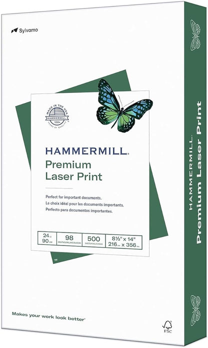 Hammermill Printer Paper, Premium Laser Print 24 lb, 8.5 x 14-1 Ream (500 Sheets) - 98 Bright, Made in the USA, 104612