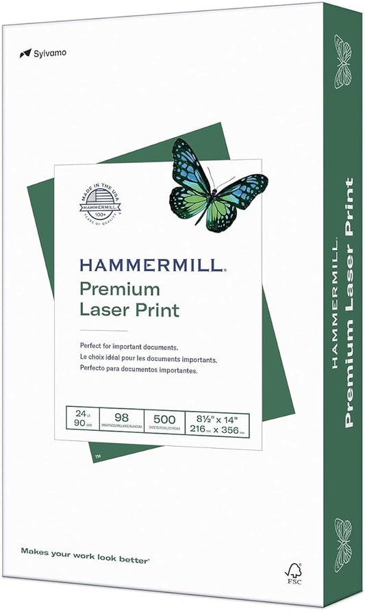 Hammermill Printer Paper, Premium Laser Print 24 lb, 8.5 x 14-1 Ream (500 Sheets) - 98 Bright, Made in the USA, 104612