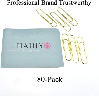 HAHIYO Paper Clips Sturdy 1.3 inches Length 180 Pack Paperclips Heavy Duty Tight Grip Rust Proof Reusable Metal Bright Gold for Home Office School