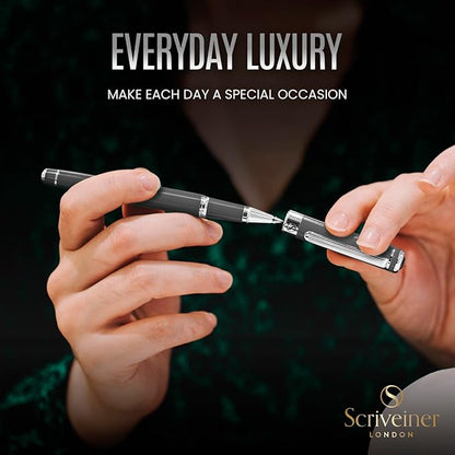Scriveiner Dark Grey Rollerball Pen - Stunning Luxury Pen With Chrome Finish, Schmidt Ink Refill, Best Roller Ball Gift Set for Men & Women, Professional, Executive Office, Nice Pens