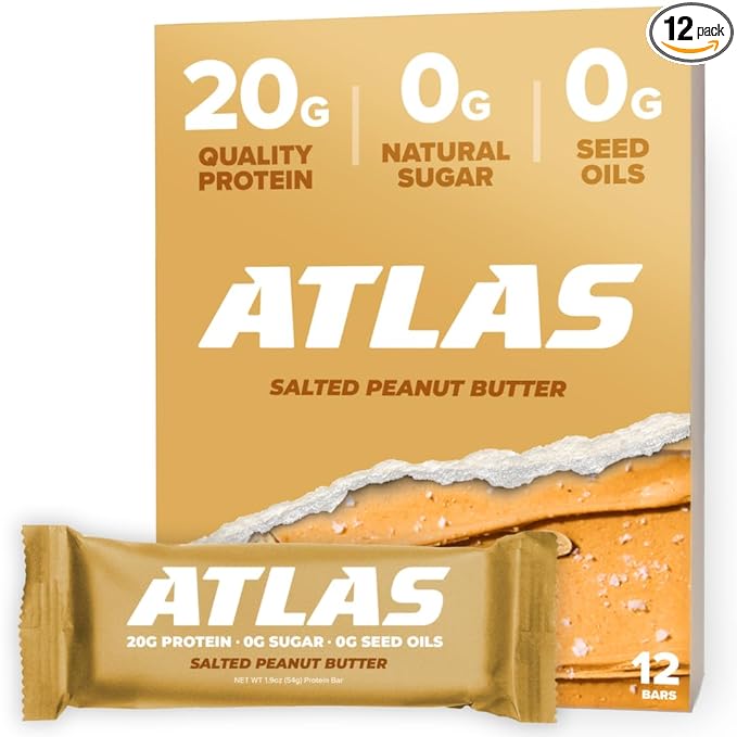 Atlas Bar – 20g Protein, 1g Sugar, 0g Seed Oils, 0g Artificial Sweeteners (12 Count, Salted Peanut Butter)