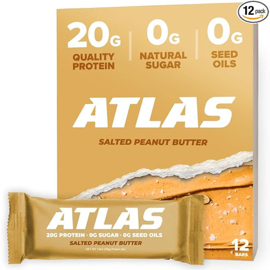 Atlas Bar – 20g Protein, 1g Sugar, 0g Seed Oils, 0g Artificial Sweeteners (12 Count, Salted Peanut Butter)