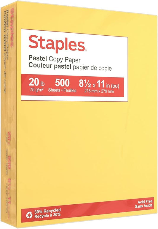 Staples Pastel Color Copy Paper, 30% Recycled, 8.5 x 11 Inch, 20 lbs, 500-Sheets Pack, Canary