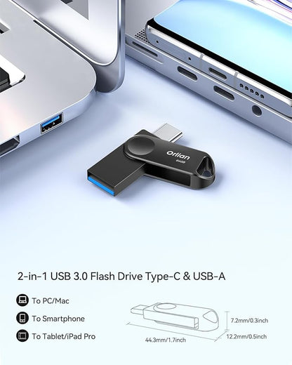 64GB USB C Flash Drive Dual USB 3.0 Thumb Drive Type-C & USB-A up to 110MB/S Metal UDP Waterproof Swivel Design Memory Stick for Phone Android Tablet iPhone 15/16 Computer PC and More Black