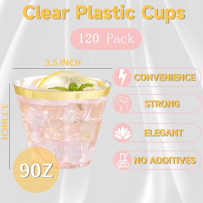 WELLIFE 120 PCS Gold Plastic Cups,9 oz Clear Plastic Cups,Disposable Wine Glasses for Party and Wedding