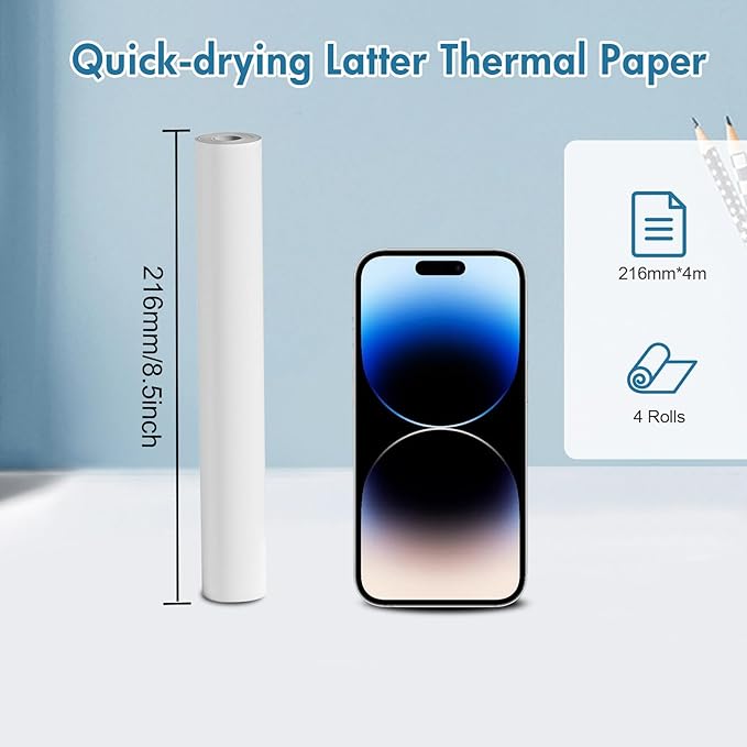 US Letter Size Quick-Dry Thermal Printer Paper 8.5''x11'', A4 thermal paper rolls (4 Rolls), Compatible with Tagzilo C80 Portable Thermal Printer (Printer not included)