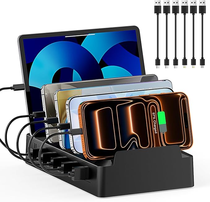 Charging Station for Multiple Devices, 6 Port USB Charger with Holder Stand and Cables for iPad, Apple, Android, Tablet, Office Desk Charging Dock Storage Organizer (Black)