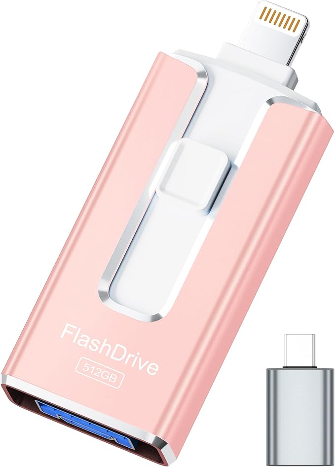 MFi Certified Flash Drive for iPhone iPad 512GB, Photo Stick for External Memory Storage, Easily Back Up and Save Photos Videos, USB Memory Stick Thumb Drive for iPhone/iPad/Android/PC (Rose Pink)
