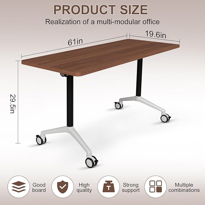 Conference Table Folding Conference Room Tables, Modern Mobile Meeting Training Table with Silent Wheels, Foldable Seminar Table for Offices, Classrooms, Libraries (4, walnut2, 61in)