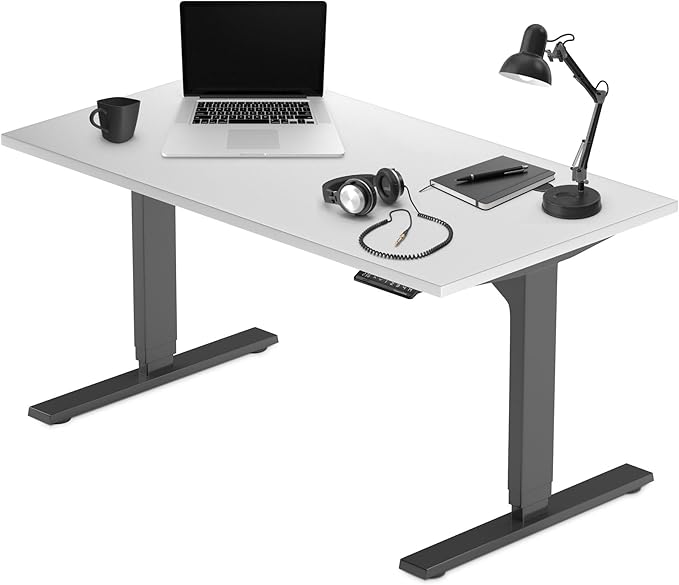 Progressive Desk Stand Up Height Adjustable Electric Standing Desk - 55" x 28" with Dual Motor, 3 Stages Sit Stand Table for Home Office - Warm White, Black Frame