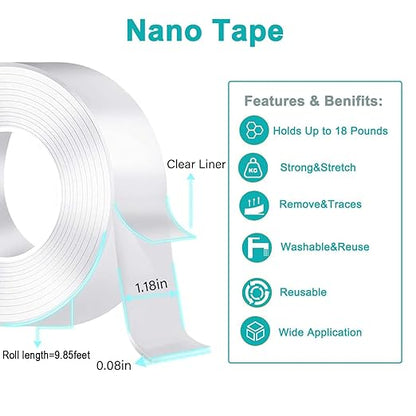 Nano Double Sided Tape Heavy Duty - 9.8ft Removable Clear Mounting Tape for Walls, Carpet, Rug & DIY – Strong Two Sided Adhesive Tape – No Residue, Washable, Traceless