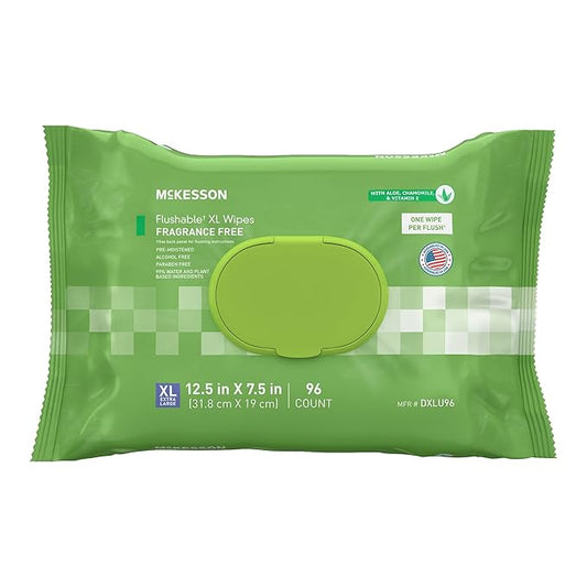 McKesson Flushable* Adult Wet Wipes XL – 96 Wipes (1 Pack of 96) – Aloe & Vitamin E, Plant-Based Cleansing Wipes, Unscented, Extra Large