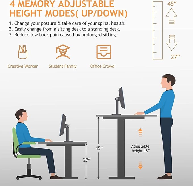 Electric Standing Desk 48 x 24 Inches Adjustable Height Sit Stand Up Desk for Home Office Computer Workstation Memory Preset with Wheels, Brown