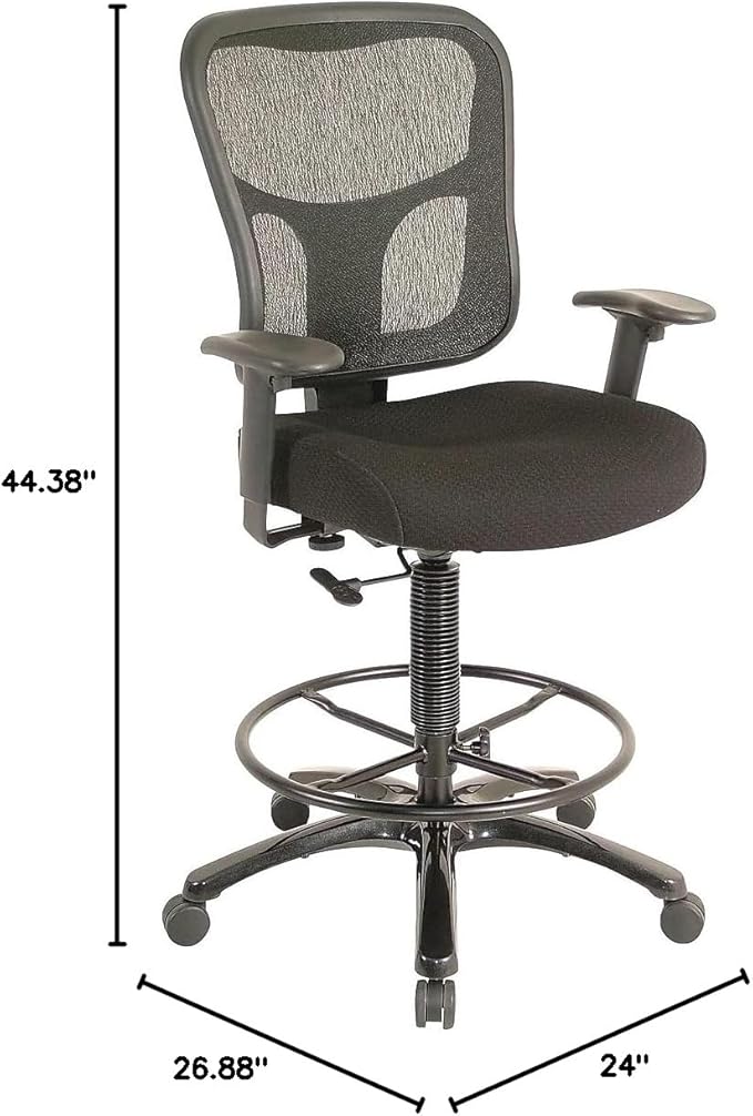 Tempur-Pedic TP8200 Fabric Drafting Stool with Backrest and Footrest with Lumbar Support, Black