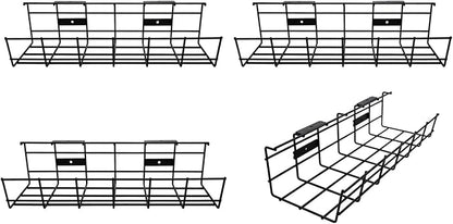 Under Desk Cable Management- 4 Pack Cord Organizer. Metal Wire Cable Management Tray for Office, Studio and Home. Super Sturdy Under Table Cable Managements - Black Cable Organizer