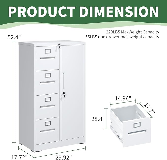 4-Drawer Vertical File Cabinet with Lock & 1 Door,File Cabinet with Storage Shelves for A4/Legal/Letter, White, Assembly Required