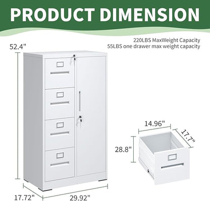 4-Drawer Vertical File Cabinet with Lock & 1 Door,File Cabinet with Storage Shelves for A4/Legal/Letter, White, Assembly Required