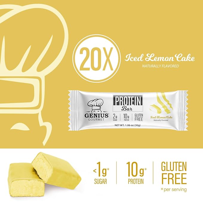 Genius Gourmet Protein Bar, Iced Lemon Cake, Keto Snack, Low Carb, Low Sugar & Gluten Free, Protein Snacks for Adults, 10G of Whey Protein per Protein Bar, 5 Net Carbs, 20 Count