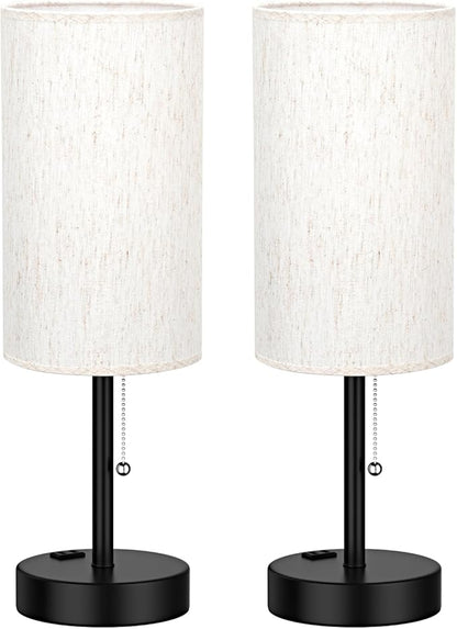 Fenmzee Plus Bedside Table Lamps Set of 2-3 Color Temperatures Pull Chain Lamp with AC Outlet Charging Port, Round Night Stand Lamps for Bedroom Guest Room Office, Bed Side Light with E26 LED Bulbs
