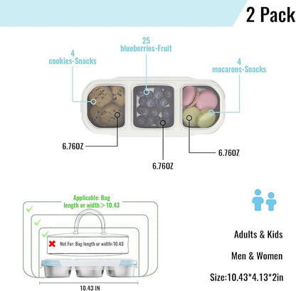 Stainless Steel Snack Containers for Kids Adults, 2 Pack 3 Compartment Metal Snack Containers Box with Lid, Reusable Food Storage Container, Leak Proof, Grab and Go, Blue