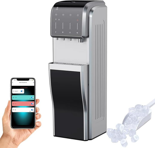 5-in-1 Water Cooler Dispenser with Ice Maker, Bullet and Crushed/Chewable Ice Machine, Hot and Cold Water, Bottom Load for 5 Gallon Bottle, 35lbs/24H, WiFi, Child Lock, Stainless Steel