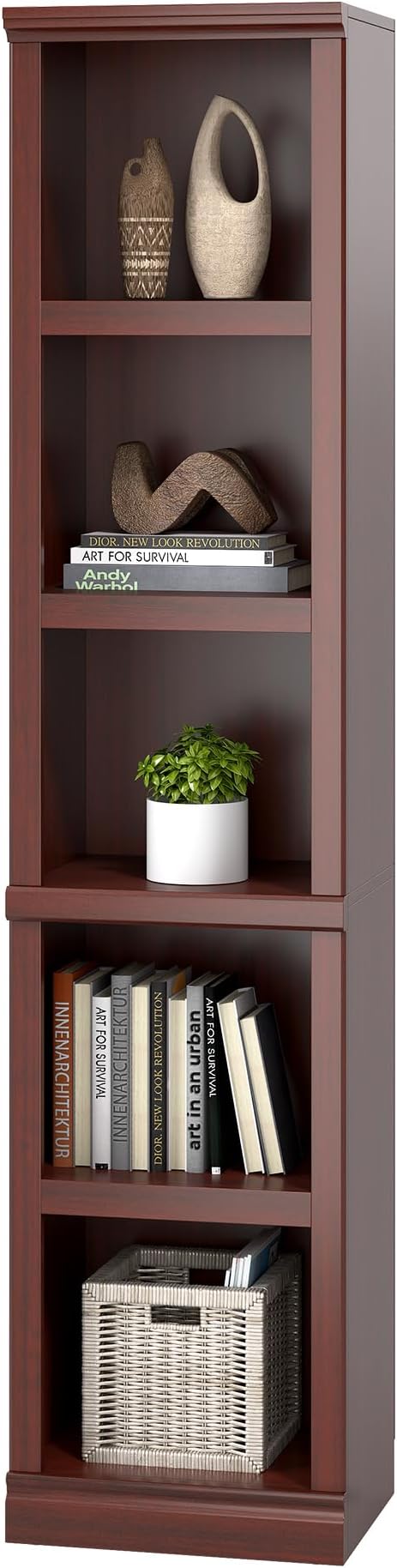 blini 5-Shelf Narrow Bookcase White Wooden Tall Bookshelves Floor Standing Display Storage Shelves Mahogany Bookcase for Home Office, Living Room, Bed Room