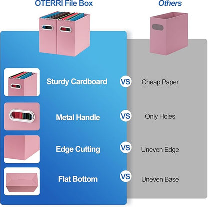 Oterri File Organizer, 2 Packs Small Storage Box, Cardboard File Folder Organizer, Collapsible File Box for Hanging File Folders Letter Size, Portable Filing Organizer with Handle（Pink）