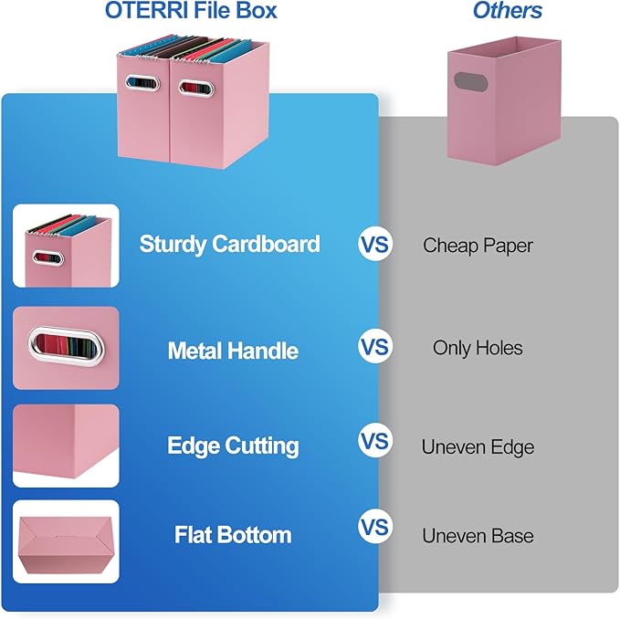 Oterri File Organizer - Small Cardboard Storage Box, Collapsible and Portable With Handle for Letter Size Files, Hanging Folder Box (Pink, Letter Size - 4 Packs)