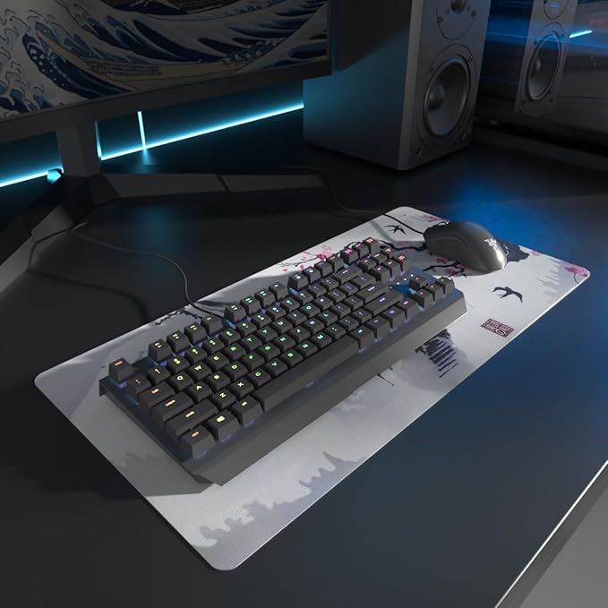 Large Sakura Mouse Pad, White Japanese Cherry Blossom Desk Mat,Extended Keyboard Mouse Pad with Non-Slip Base and Stitched Edge 23.6" x 11.8" Desktop Protector for Office and Home