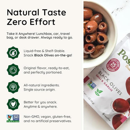 POSHI Black Pitted Pitted Olives - Chili & Garlic | Vegan, Kosher, Gluten Free + Keto Friendly, Fresh, All Natural Low Calorie Healthy Snacks | (30 Pack, 1.1oz Bags)