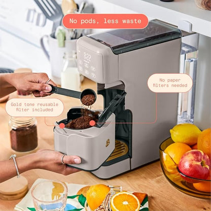 Beautiful Single Serve Coffee Maker with Built-In Burr Grinder, Hot or Iced, Pod-Free, 6 Brew Sizes, 3 Strengths, Touch Display, Reusable Filter, 64oz Reservoir, Slim Design (Porcini Taupe)