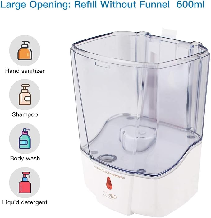 Automatic Soap Dispenser - Touchless Sensor Soap Pump,Wall-Mounted Hand Sanitizer Dispenser, Battery Operated for Hospital Offices Bathroom Hotel Commercial,Ultra-Large Capacity (600ml) White