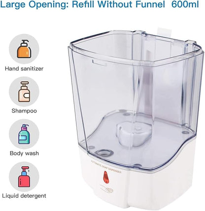 Automatic Soap Dispenser - Touchless Sensor Soap Pump,Wall-Mounted Hand Sanitizer Dispenser, Battery Operated for Hospital Offices Bathroom Hotel Commercial,Ultra-Large Capacity (600ml) White