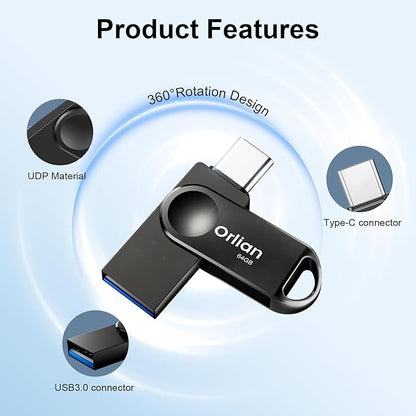 64GB USB C Flash Drive Dual USB 3.0 Thumb Drive Type-C & USB-A up to 110MB/S Metal UDP Waterproof Swivel Design Memory Stick for Phone Android Tablet iPhone 15/16 Computer PC and More Black