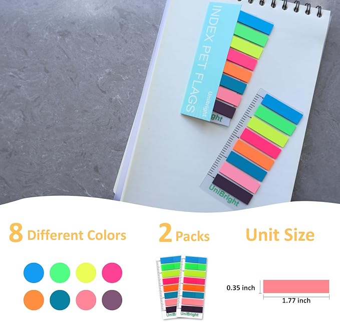 Sticky Tabs, 400 Pcs, with 4 Inch Bookmark Ruler, 8 Neon Colors 2 Sets, Use as Annotation Tabs, Book Tabs, Notebook Tabs, Page Tabs and Page Markers