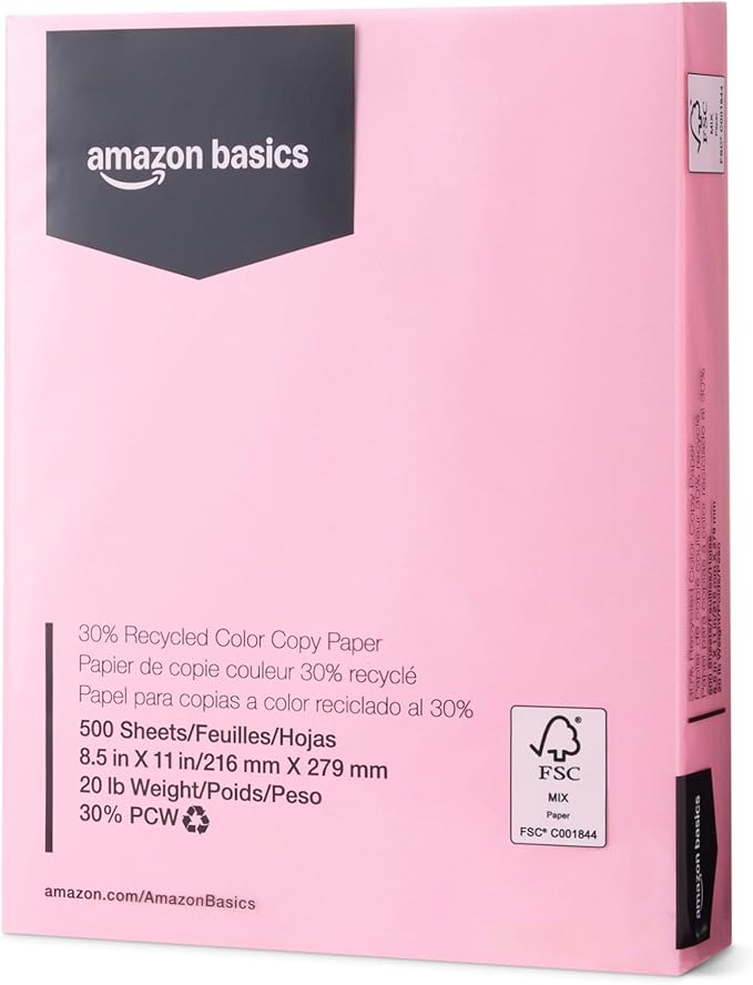 Amazon Basics 30% Recycled Color Copy Paper, 8.5" x 11", 20lb, 500 Sheets, Pastel Pink