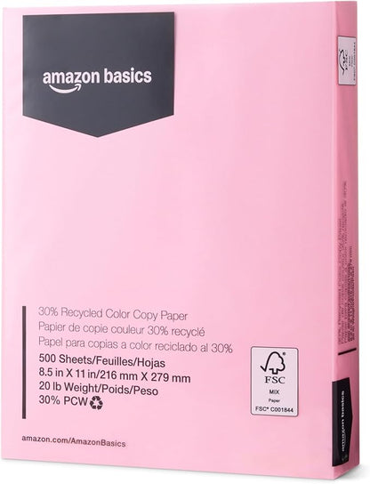 Amazon Basics 30% Recycled Color Copy Paper, 8.5" x 11", 20lb, 500 Sheets, Pastel Pink