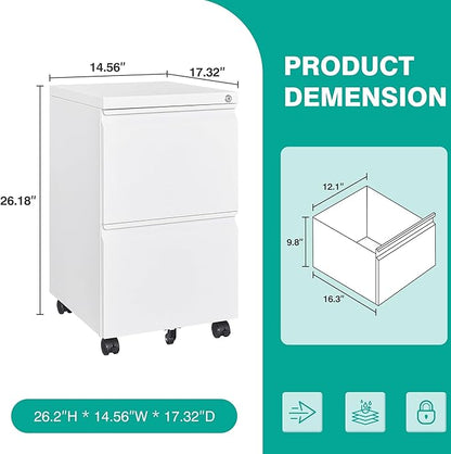 SISESOL Assembled 2 Drawer File Cabinet on Wheels,Metal Filing Cabinet with Lock,White Rolling File Cabinets,Under Desk Office Cabinets for Home Office,Fit A4/Letter/Legal,Pre-Assembled Except Caster