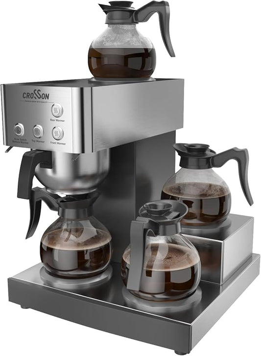 crosson 12 Cup Commercial Coffee Brewer with 4 Warmers & 4 Glass Decanter,Pour Over Drip Coffee Maker with Stainless Steel Housing and 304 SS Funnel