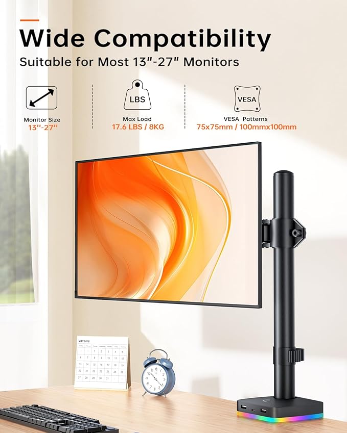 RGB Single Monitor Desk Mount, Monitor Arm with 3 USB Ports, Charging and USB Data Transfer Function, Desk Mount for 13"-27" Monitors up to 17.6lbs, Adjustable Height, Tilt, Swivel, Rotate