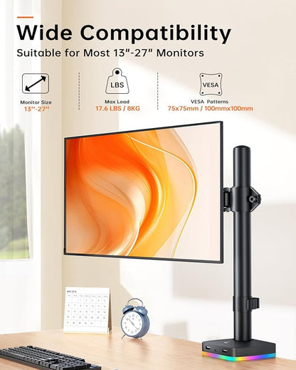 RGB Single Monitor Desk Mount, Monitor Arm with 3 USB Ports, Charging and USB Data Transfer Function, Desk Mount for 13"-27" Monitors up to 17.6lbs, Adjustable Height, Tilt, Swivel, Rotate
