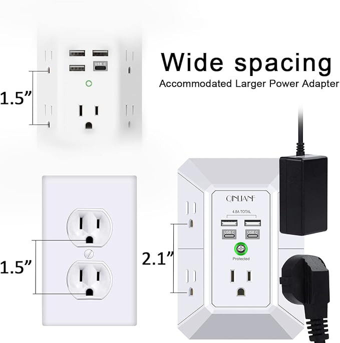 USB Wall Charger, Surge Protector, QINLIANF 5 Outlet Extender with 4 USB Charging Ports(2U2C) 3-Sided 1680J Power Strip Multi Plug Outlets Wall Adapter Spaced for Home Travel Office, White