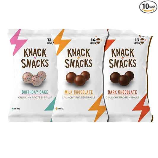 Knack Snacks | Snack Pack | Crunchy Protein Balls - Variety Pack (3x 1.2oz Bags) | Lunchbox Ready, High Protein, Naturally Gluten Free, Lower Sugar, Snack for School, Work, Travel, Parties, Gaming