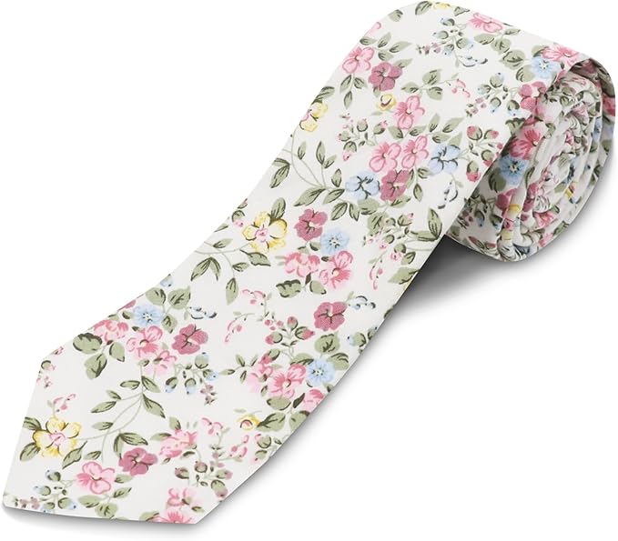 Cotton Floral Ties for Men 2.76" Men's Skinny Tie Linen Flower Printed Neck Tie for Wedding Dating Party