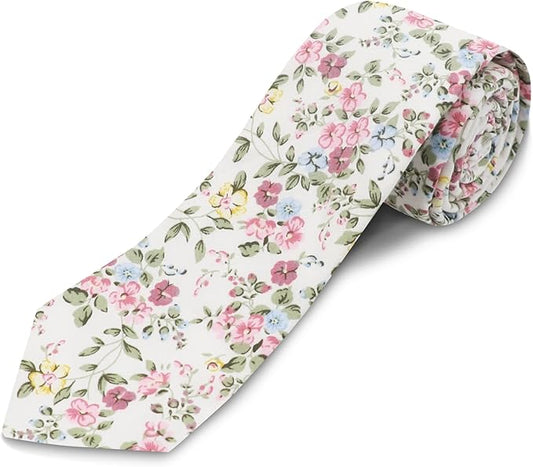 Cotton Floral Ties for Men 2.76" Men's Skinny Tie Linen Flower Printed Neck Tie for Wedding Dating Party