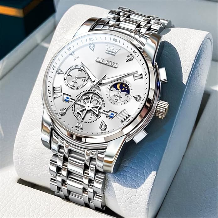 OLEVS Watches Men Waterproof Luxury Big Face Mens Watch Stainless Steel Quartz Analog Dress Watches for Men Luminous Multifunction Man Watch Relojes De Hombre