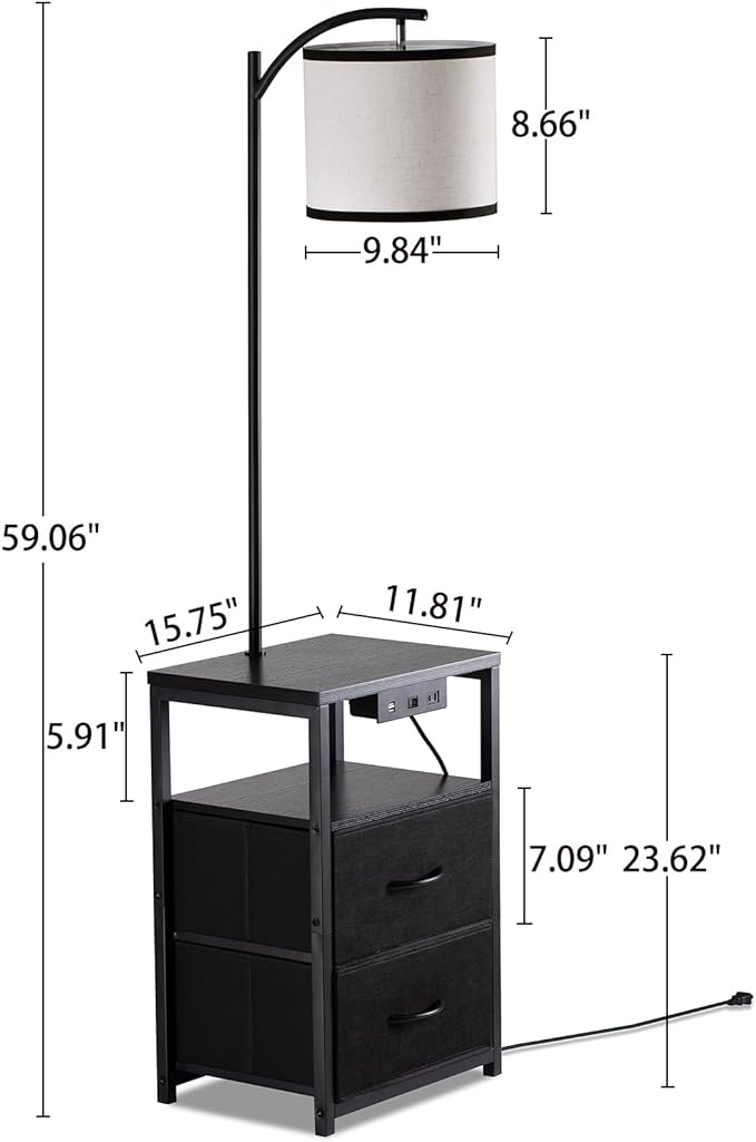 SUNMORY Floor Lamp with Table & 2 Drawers, Lamp with USB Port and Outlet, Lamps for Nightstand with 3 Color Temperature Led Bulb Included, Floor Lamps for Living Room, Bedroom and Home Office, Black