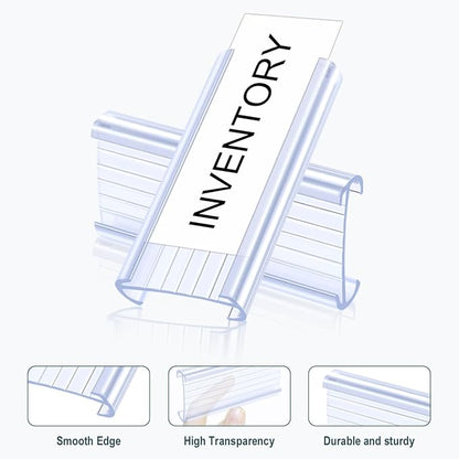Lenink 100Pcs Wire Shelf Label Holders with 100Pcs Label Paper Inserts, Plastic Wire Rack Label Holder Compatible with Metro and Nexel 1-1/4in Shelves, Label Area 3in Lx1.25in H