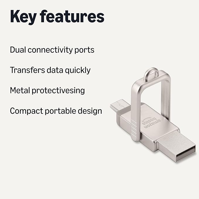 Amazon Basics USB Flash Drive, Thumb Drive Memory Stick with USB C and USB A Dual Ports, 512GB, Champagne Silver